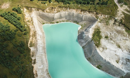 Green water in quarry aerial above top view on bright sunny day
