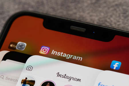 New york, USA - august 12, 2020: Social media apps on iphone smartphone macro close up view in screenのeditorial素材