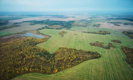 Flat autumn fields above drone view with forest and lake landscapeの写真素材