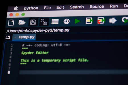 New york, USA - September 13, 2020: Creating code in Python app on computer screen close up viewのeditorial素材