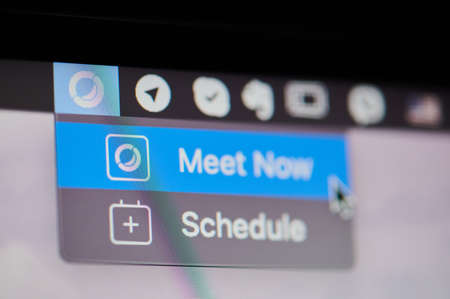 New york, USA - September 13, 2020: Starting Zoom meeting now on  screen laptop close up viewのeditorial素材