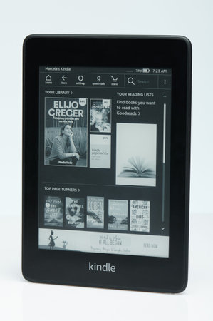 New york, USA - September 15, 2020: Kindle e book reader isometric isolated on white studio...