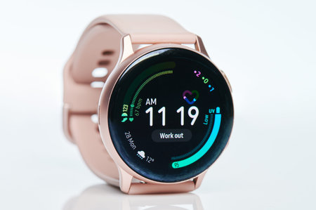 New york, USA - September 28, 2020: Menu in Samsung galaxy active watch on screen close up view