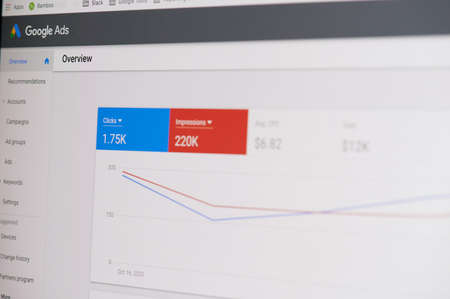 New york, USA - October 23, 2020:Managing google ad click account screen display close up viewのeditorial素材
