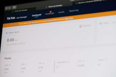 New york, USA - October 23, 2020: Managing ad campaign in tiktok dashboard screen display close up viewのeditorial素材