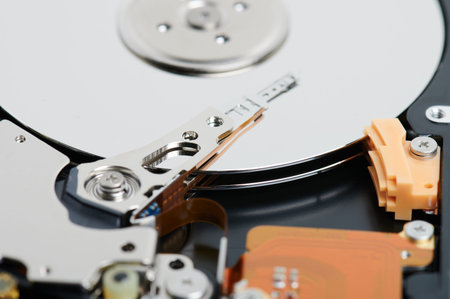 Writing information on hard drive macro close up view
