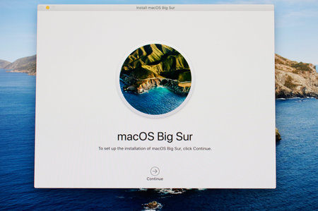 New york, USA - November 13, 2020: Install macos Big Sur on screen display close up view