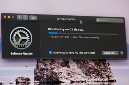 New york, USA - November 13, 2020: Updating macos system to Big Sur on screen display close up view