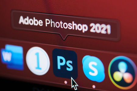 New york, USA - November 20, 2020: Starting adobe photoshop app on  screen laptop close up viewのeditorial素材