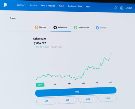 New york, USA - November 20, 2020: Bitcoin growing price chart in paypalon  screen laptop close up...
