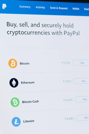 New york, USA - November 20, 2020: Buying or sell cryptocurrency via paypal service on  screen...