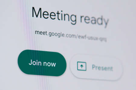 New york, USA - November 24, 2020: Joining to Google meeting service on laptop screen macro close up viewのeditorial素材