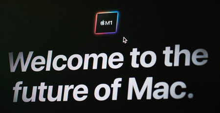 New york, USA - December 14, 2020: New generation of mac computers  on laptop screen macro close up...