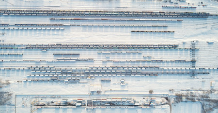 Railway cargo station aerial above top drone view snow coveredの写真素材