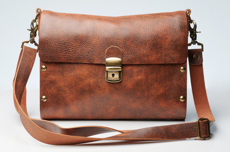 Brown leather bag with buckle front view isolated on white studio backgroundの写真素材