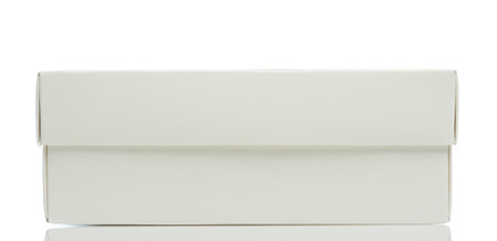 Closed white paper box isolated side view . Rectangle gift