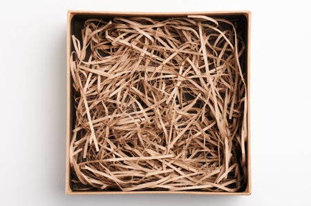 Brown open paper box with shaving above top isolated