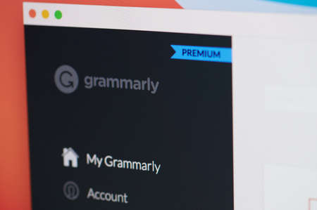 New york, USA - February 25, 2021: Grammarly spell corrector app menu on laptop screen close up viewのeditorial素材