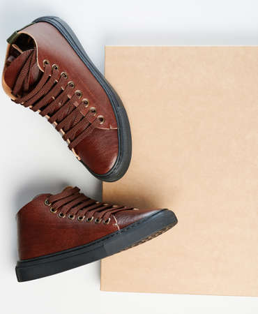 Pair of brown leather shoes on paper box copy space isolated above viewの写真素材