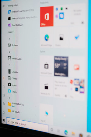 New york, USA - May 17, 2021:Windows os menu with search bar on  screen macro close up view