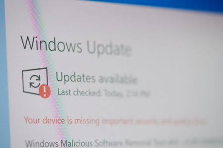 New york, USA - May 17, 2021: Windows update notifications message on screen macro close up view