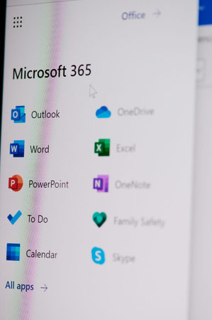 New york, USA - May 17, 2021: Microsoft office 365 suite apps on screen macro close up view