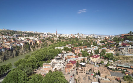 Landmark of Georgia capital Tbilisi aerial drone view
