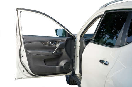 Open front suv white car door isolated close up viewの写真素材