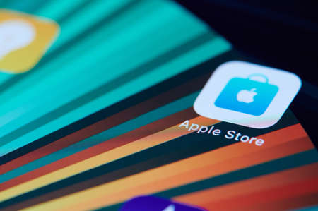 New york, USA - September 3 2021: Apple store app on smartphone screen close up viewのeditorial素材
