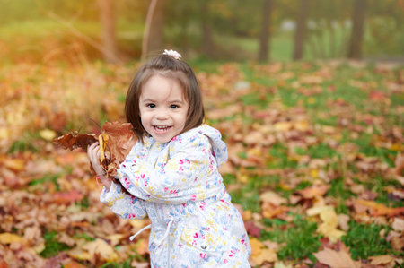 Happy playing smiling toddler girl on blurred autumn background