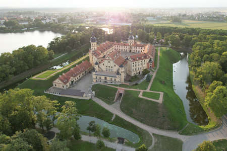 Modern architecture nesvizh castle on city background aerial drone viewのeditorial素材