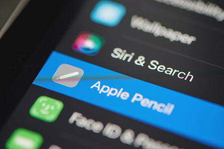 New york, USA - September 24 2021: Check apple pencil menu on ipad panel screen close up view using...