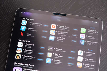 New york, USA - October 5 2021:Top apps on apple store on tablet screen close up view