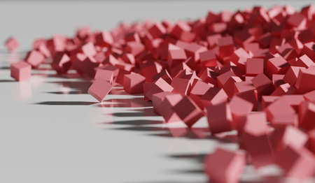 Many pink cubes fall on floor with reflection. Abstract background wallpaperの写真素材