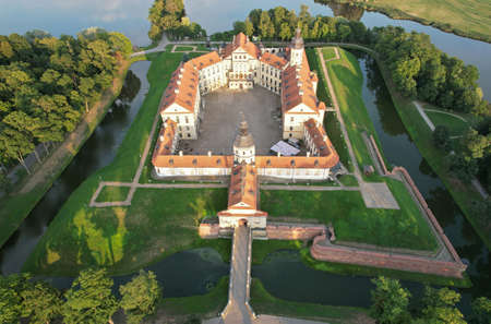 Old castle in nesvizh aerial drone view on summer timeのeditorial素材
