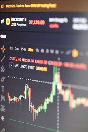 New york, USA - January 31 2022: Bitcoin cryptocurrency price trading platform on smartphone screen close up viewのeditorial素材