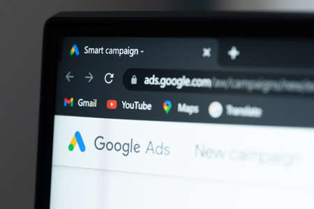 New york, USA - june 3, 2022: Google ads smart campaign on laptop screen close up viewのeditorial素材