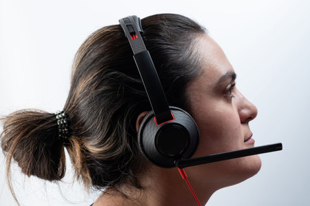 Online support woman operator side view isolated on studio background