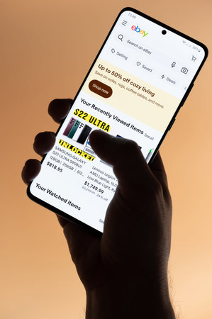 New york, USA - November 4, 2022: Open ebay app on smartphone holding in hand isolated on brown...