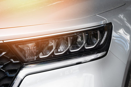 Auto led light in front car macro close up view