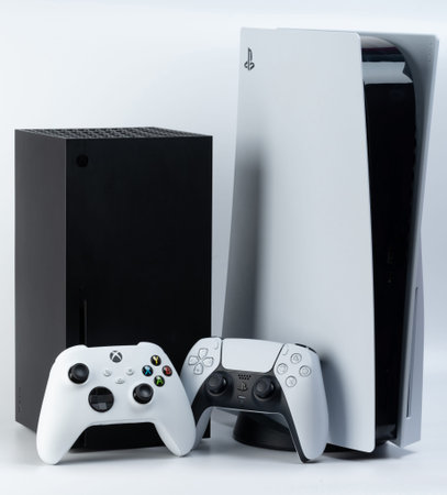 New york, USA - December 28, 2022: Next generation game consoles Microsoft xbox and sony playstation...