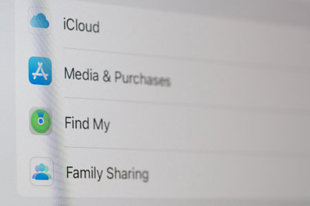 New york, USA - January 23, 2022: Find My apple service icon close up view backgroundのeditorial素材