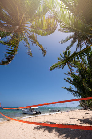 Orange volleyball net on tropical blue background. Activity volley gameの写真素材