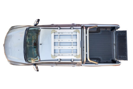 Pick up truck with open trunk above top drone view isolatedの写真素材