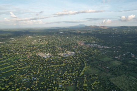Green Nicaragua landscape with mountains and volcano aerial drone viewの写真素材