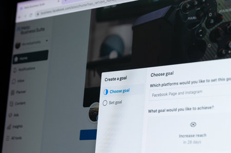 New York, USA - June 17, 2023: Choosing goal for facebook post  close up on laptop screenのeditorial素材