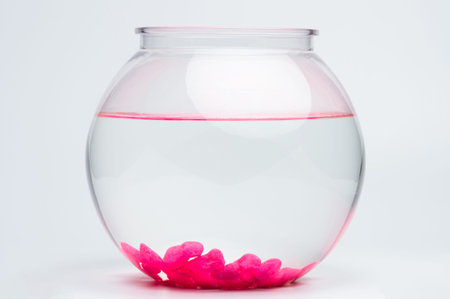 Empty clean aquarium bowl with pink rocks side view isolated on white studio backgroundの写真素材
