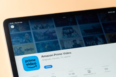New York, USA - August 24, 2023: Amazon Prime video app in Apple store on ipad tablet screen close...