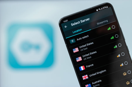 New York, USA - August 20, 2023: Selecting  web server in VPN app on smartphone display close up...
