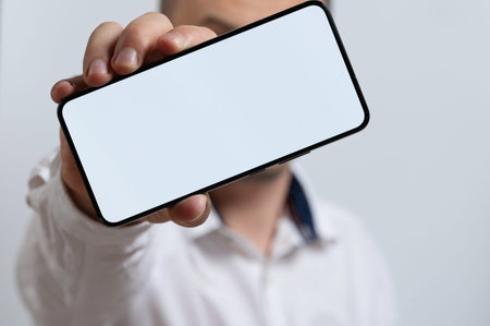 Man hold smartphone and show display macro close up view